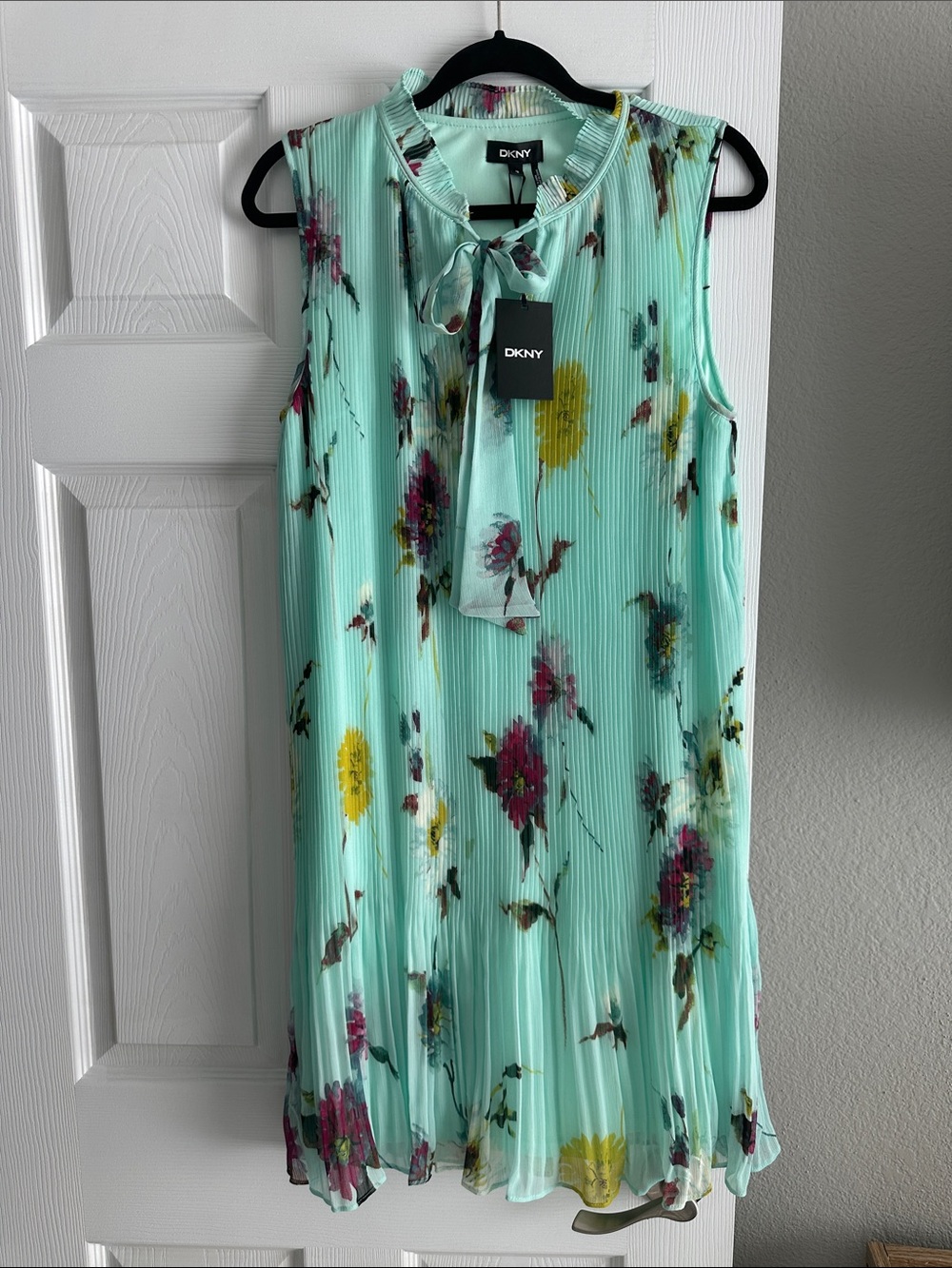 DKNY Mint Green Floral Tie-Neck Dress
